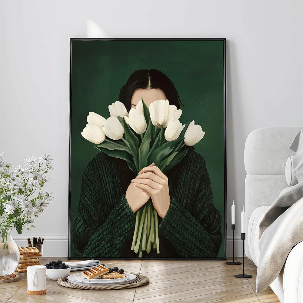 Emerald Abstract Woman with Flowers Canvas Print — Japandi Art