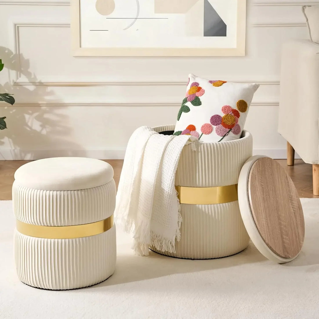 Round Velvet Ottoman Set of 2 — White & Gold