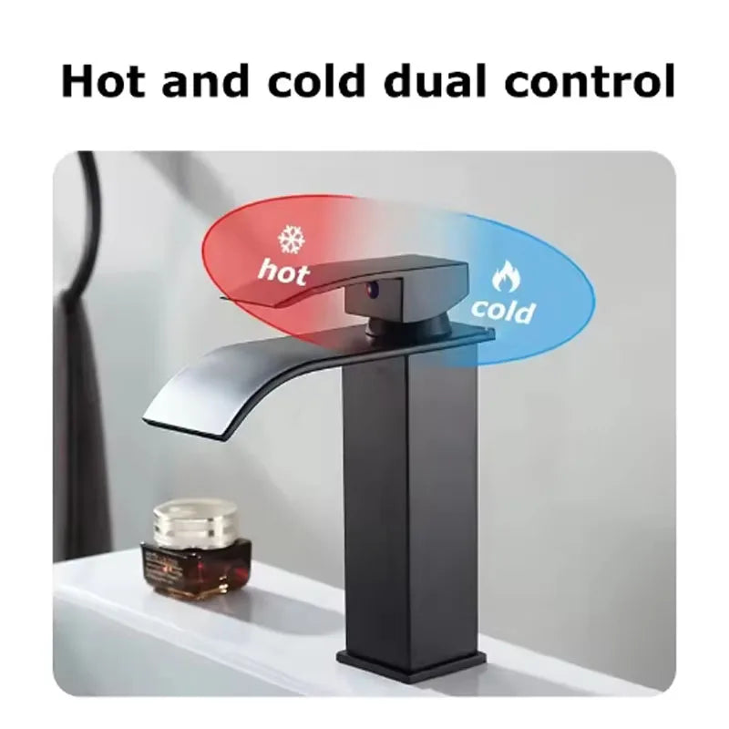 Black Waterfall Basin Faucet — Stainless Steel, Hot & Cold