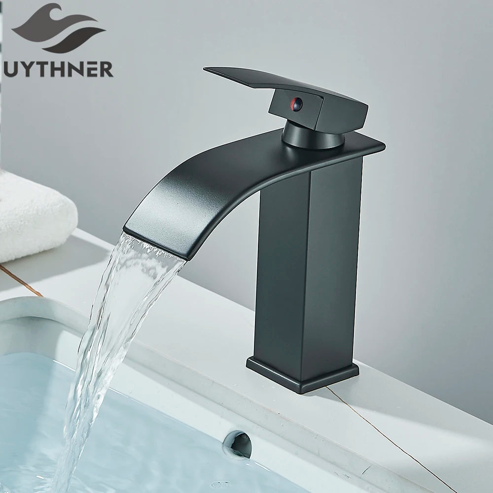 Brushed Gold Waterfall Bathroom Faucet — Single Lever Brass