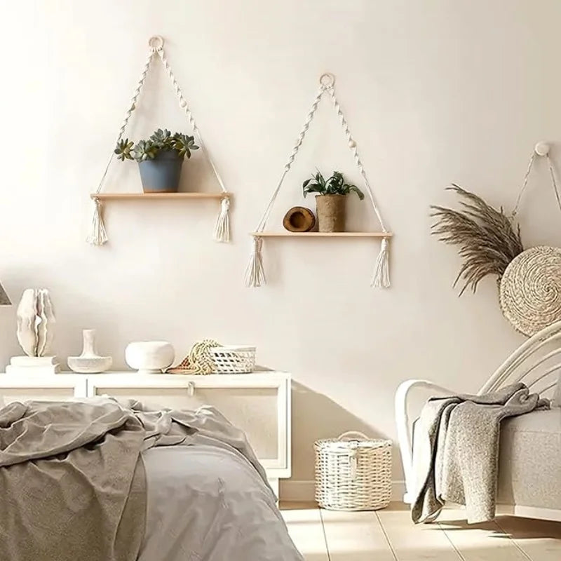 Boho Macrame Floating Wall Shelf — Rustic Wood Plant Shelf