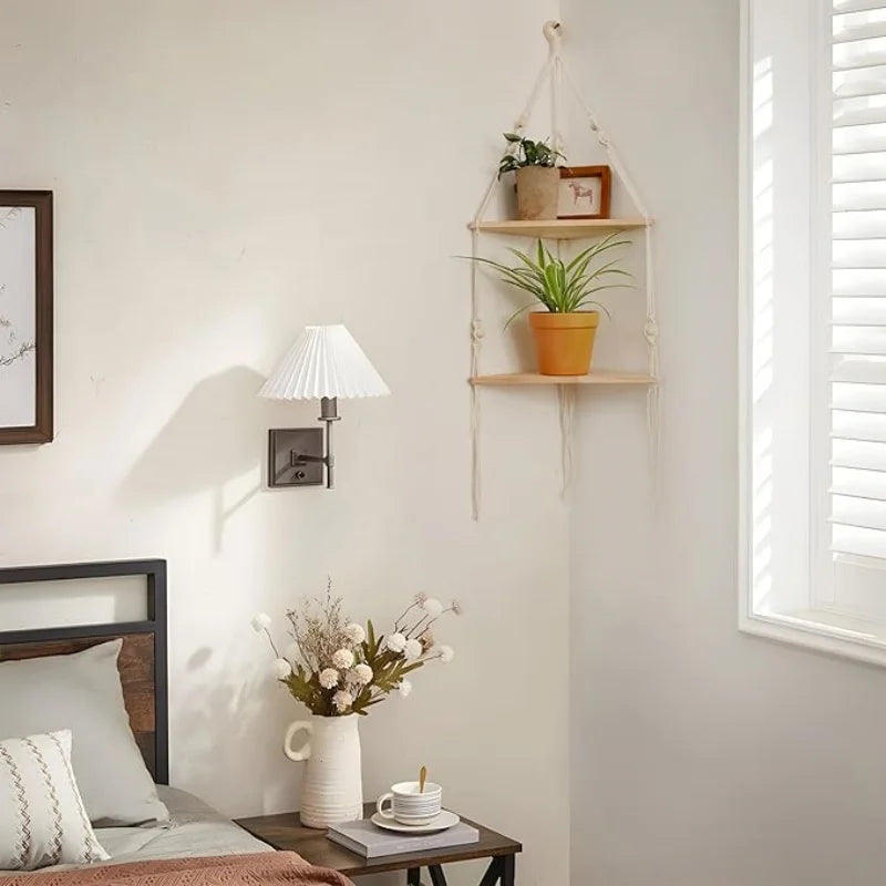 Boho Macrame Corner Shelf — Floating Wood Wall Shelf