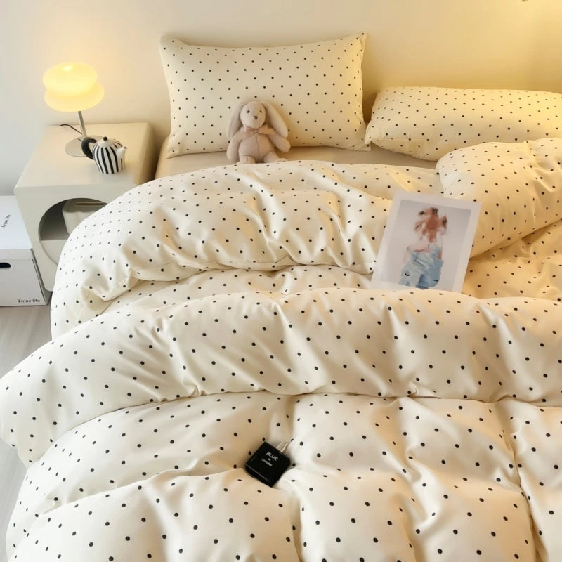 Satin Duvet Cover Set — 3-Piece, Black Dot Print