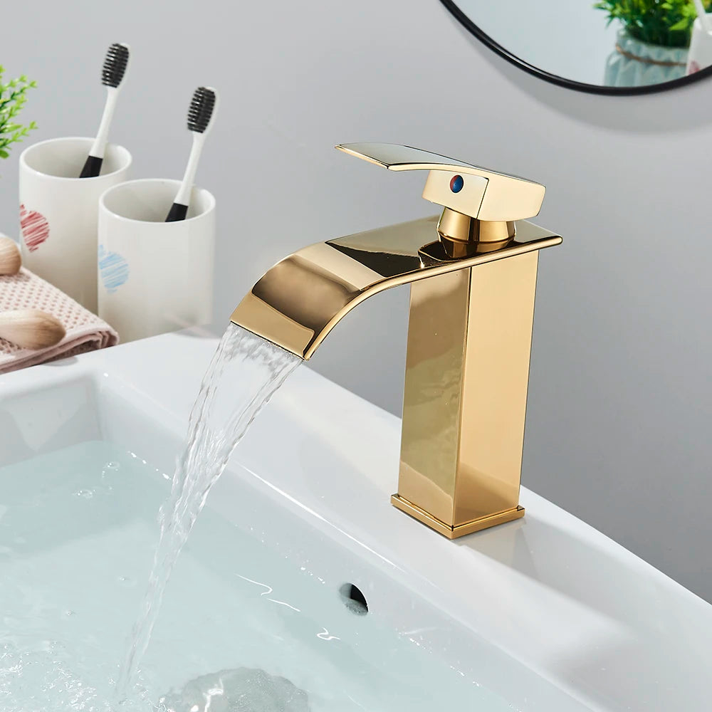 Brushed Gold Waterfall Bathroom Faucet — Single Lever Brass