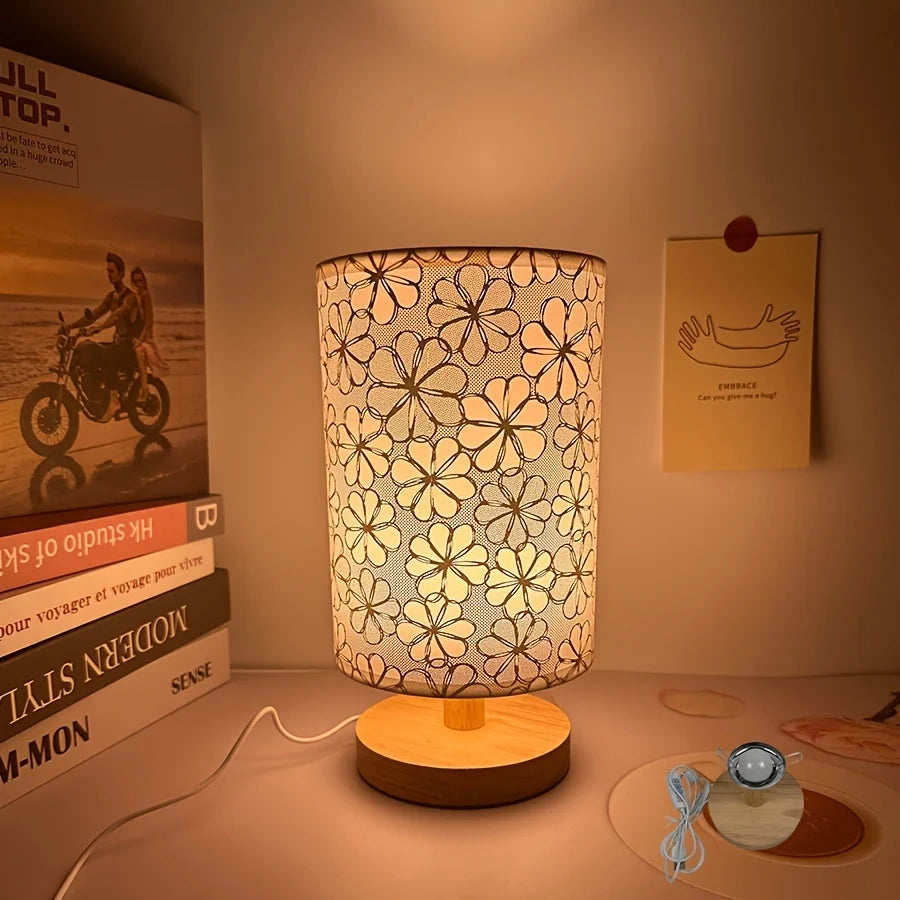 Fabric Table Lamp with Wooden Base — USB, 3-Tone Light