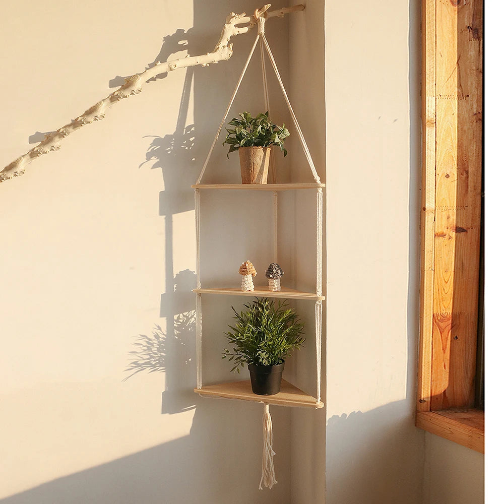 Boho Macrame Corner Shelf — Floating Wood Wall Shelf