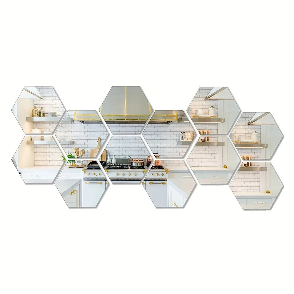 Hexagonal 3D Mirror Wall Stickers — Set of 12, Self-Adhesive