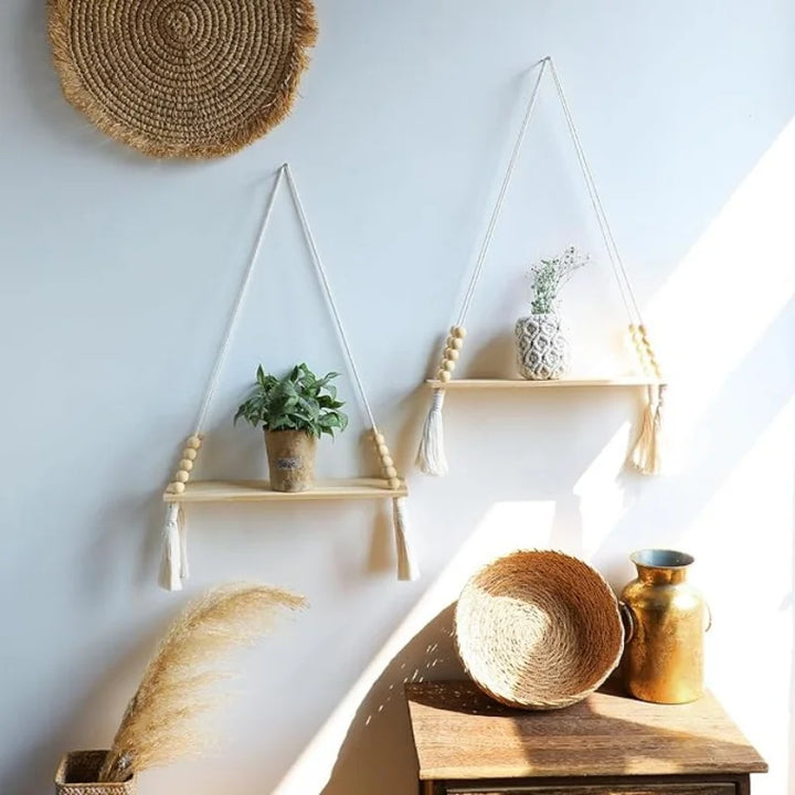 Boho Macrame Floating Wall Shelf — Rustic Wood Plant Shelf