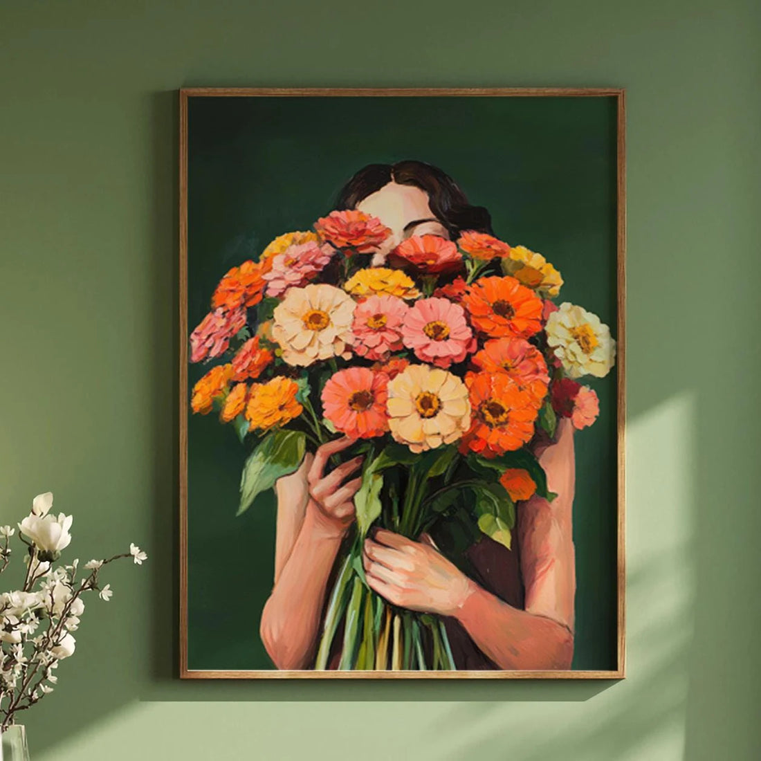 Emerald Abstract Woman with Flowers Canvas Print — Japandi Art