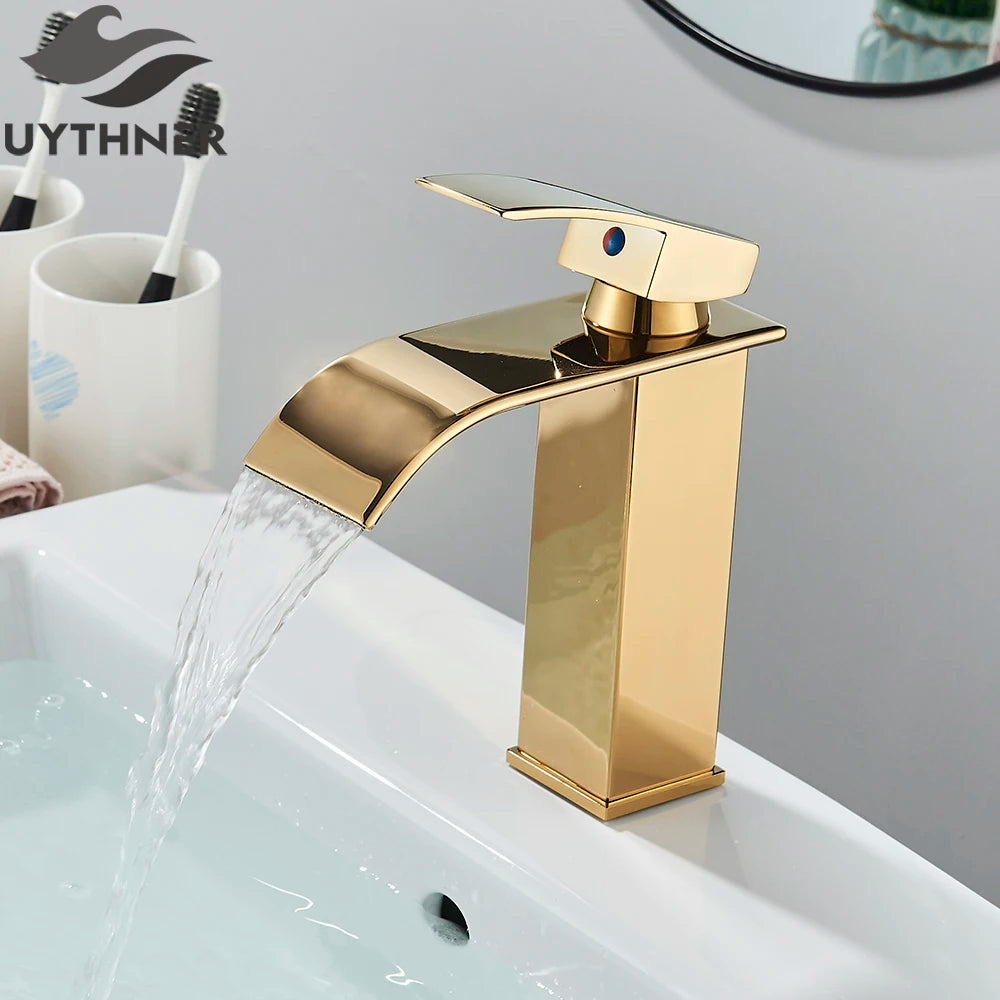 Brushed Gold Waterfall Bathroom Faucet — Single Lever Brass
