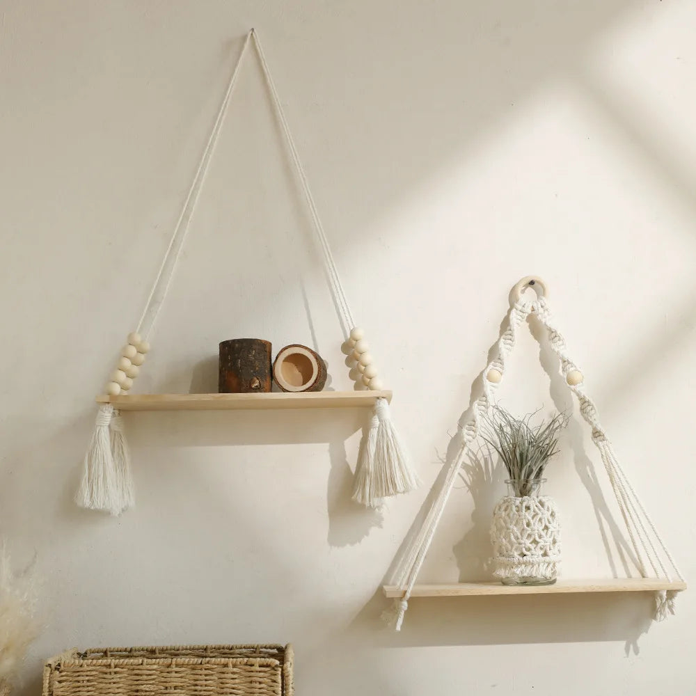 Boho Macrame Floating Wall Shelf — Rustic Wood Plant Shelf