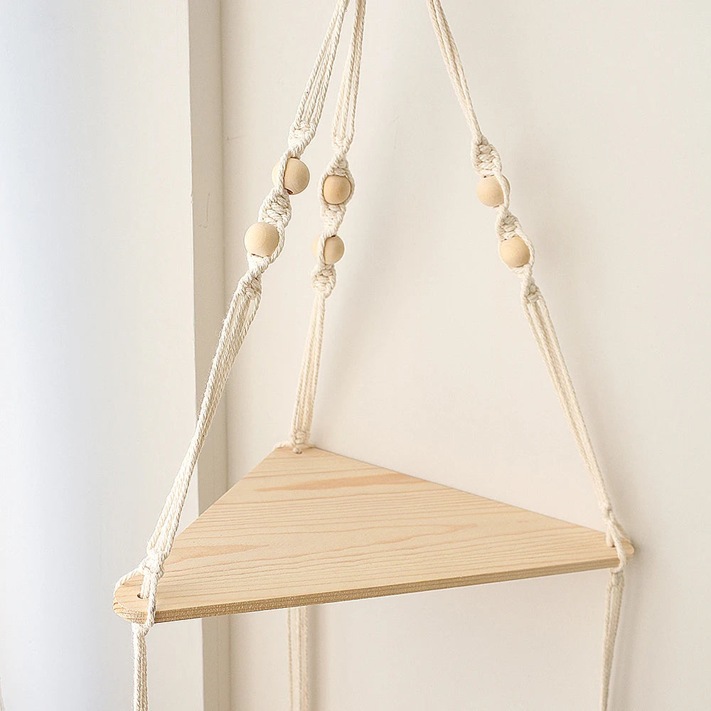 Boho Macrame Corner Shelf — Floating Wood Wall Shelf