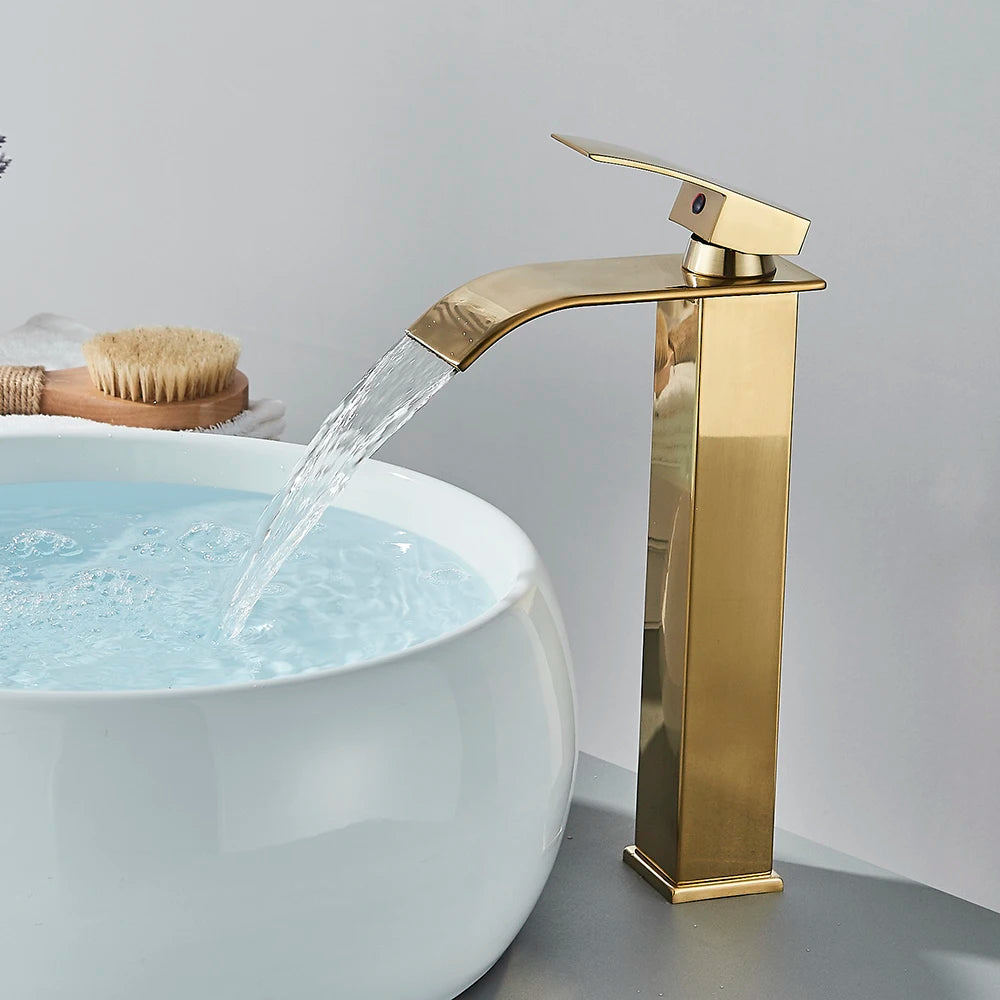 Brushed Gold Waterfall Bathroom Faucet — Single Lever Brass