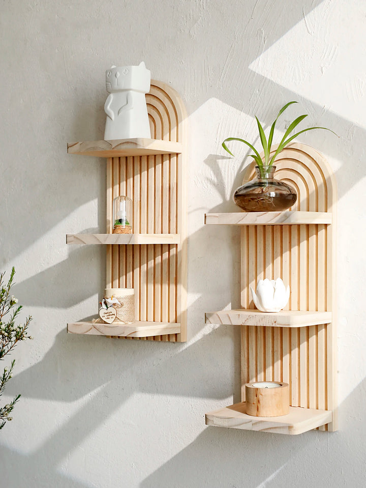 Boho Arch Wood Floating Wall Shelf — 3-Tier Storage Display