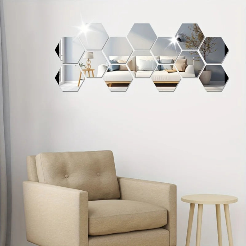 Hexagonal 3D Mirror Wall Stickers — Set of 12, Self-Adhesive