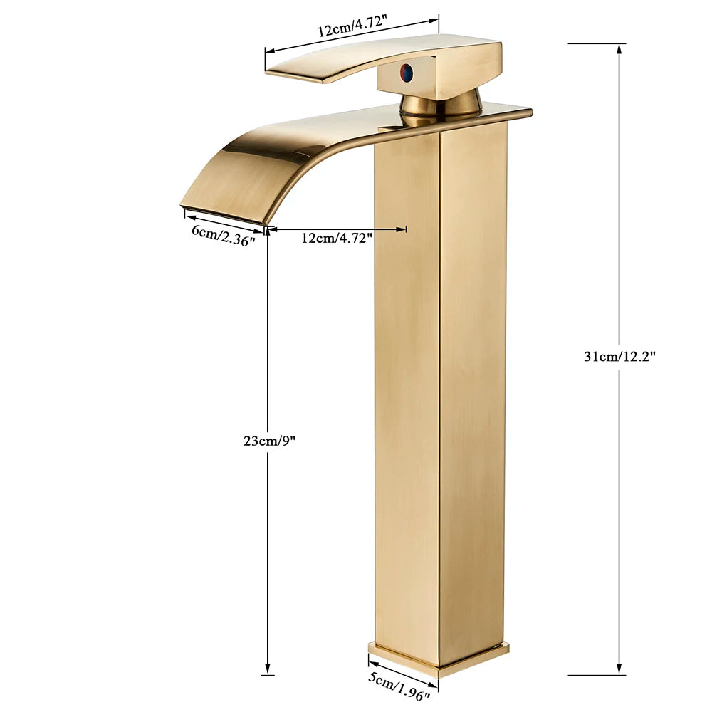 Brushed Gold Waterfall Bathroom Faucet — Single Lever Brass