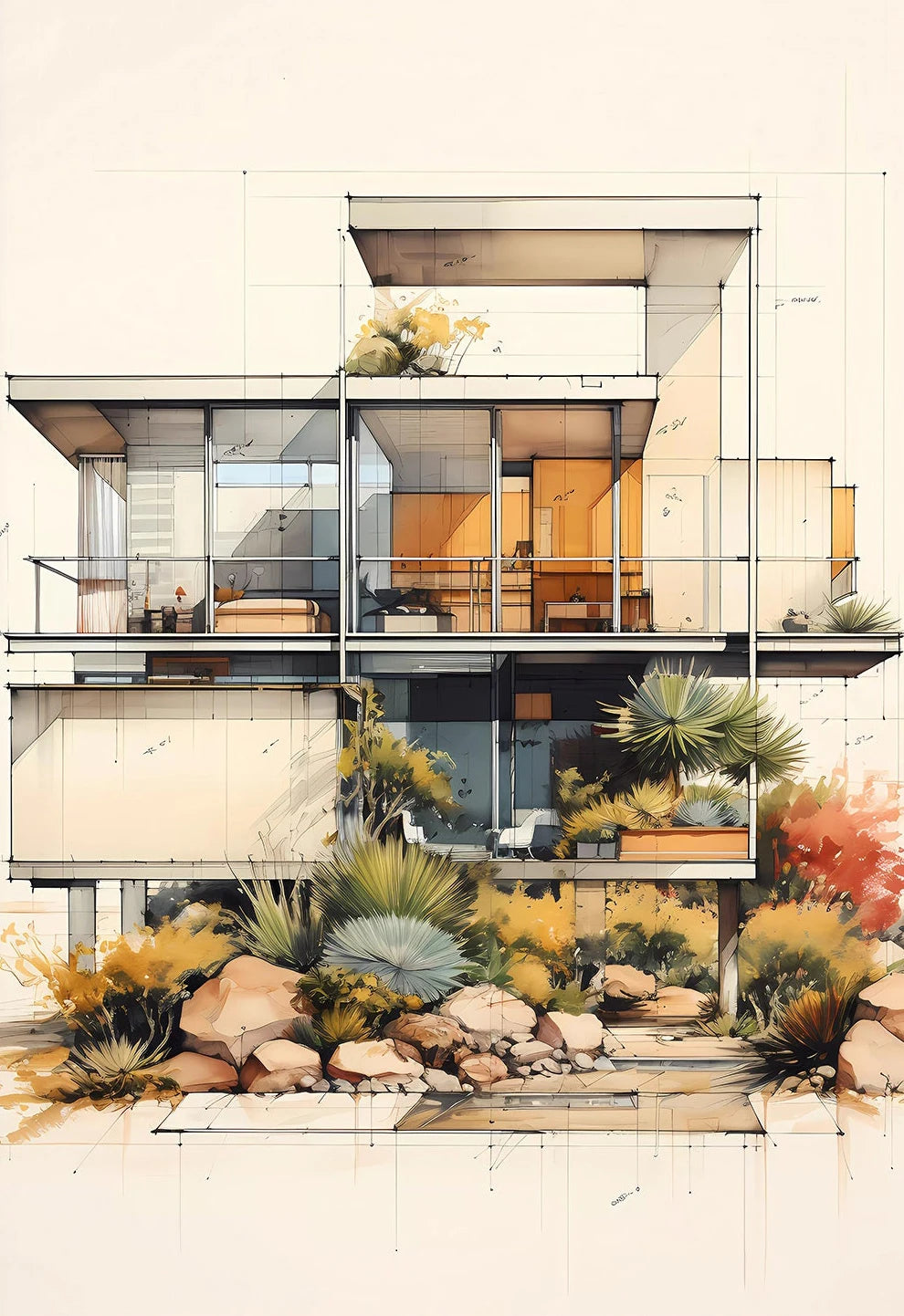 Fallingwater Architecture Canvas Print — Bauhaus Minimalist Art