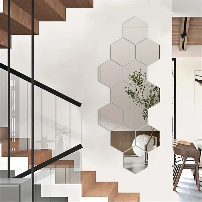Hexagonal 3D Mirror Wall Stickers — Set of 12, Self-Adhesive