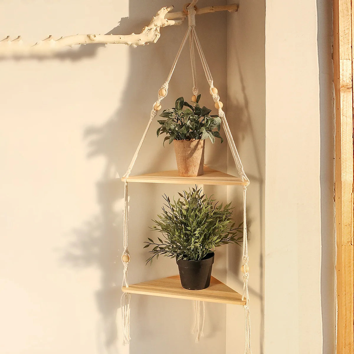 Boho Macrame Corner Shelf — Floating Wood Wall Shelf