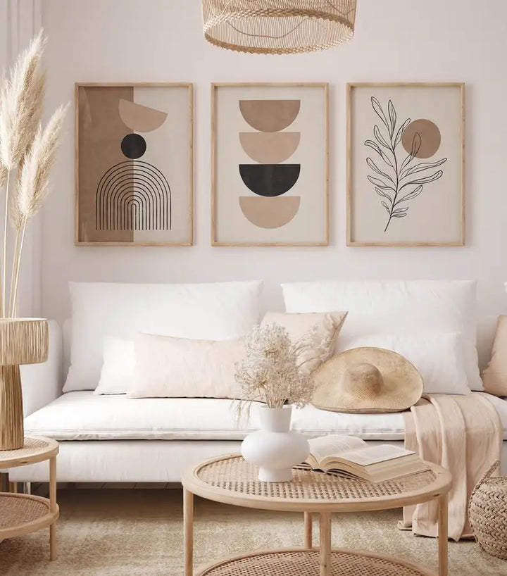 Neutral Beige Bohemian Line Art Canvas Print — Set of 3