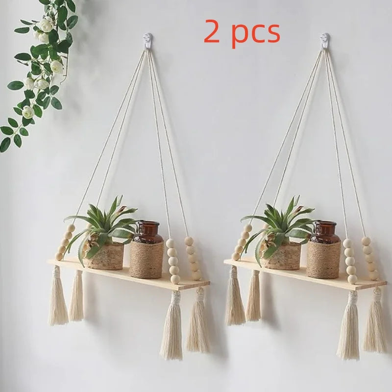 Boho Macrame Floating Wall Shelf — Rustic Wood Plant Shelf