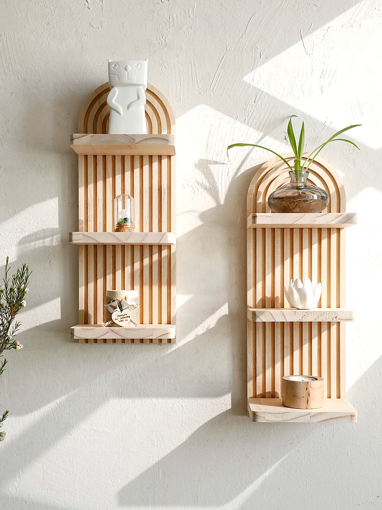 Boho Arch Wood Floating Wall Shelf — 3-Tier Storage Display