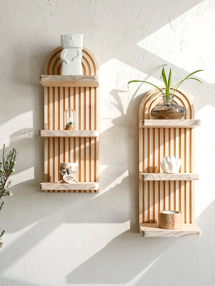 Boho Arch Wood Floating Wall Shelf — 3-Tier Storage Display