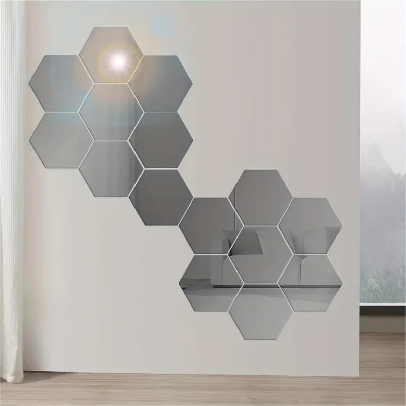 Hexagonal 3D Mirror Wall Stickers — Set of 12, Self-Adhesive