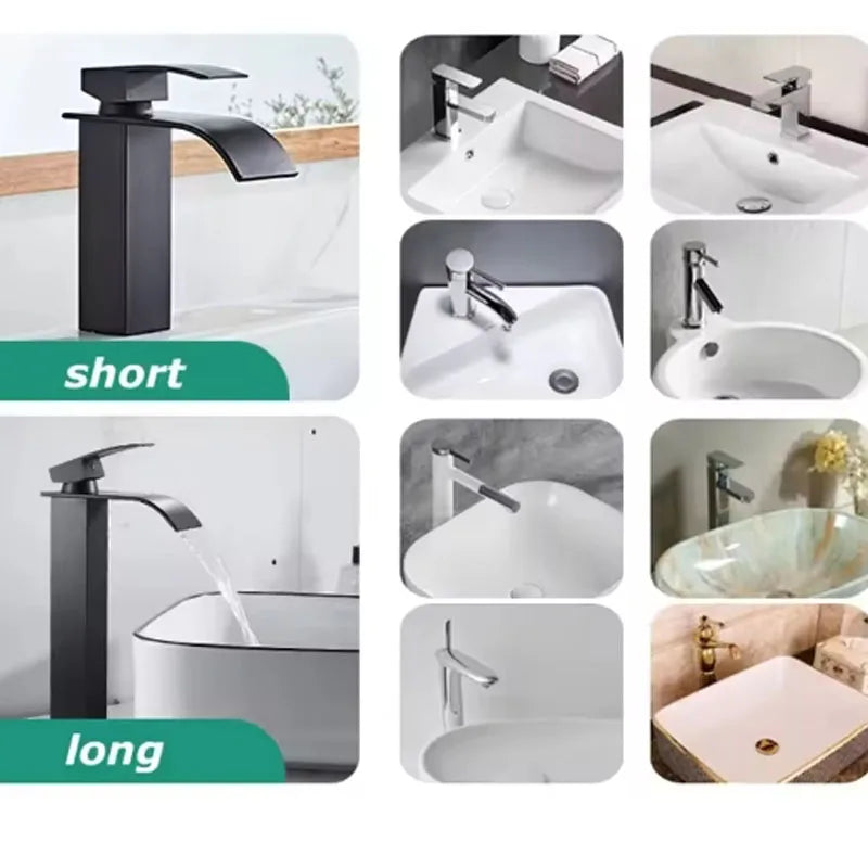 Black Waterfall Basin Faucet — Stainless Steel, Hot & Cold