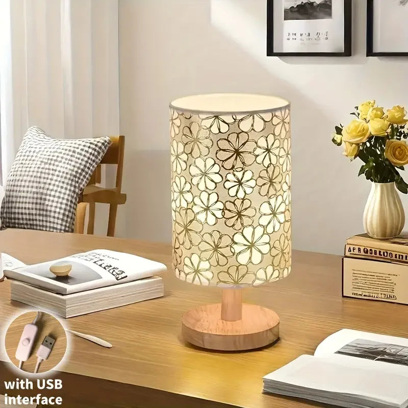 Fabric Table Lamp with Wooden Base — USB, 3-Tone Light